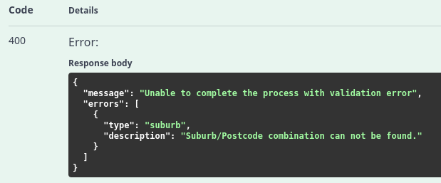 Suburb Postcode Validation error