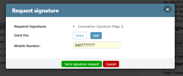 Entering SMS details for signature request