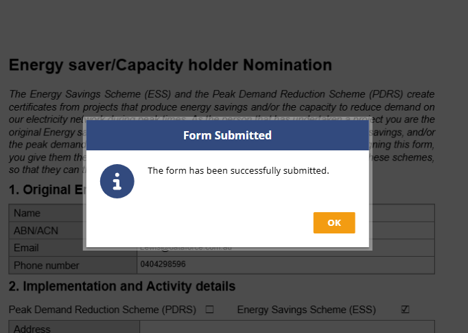 Confirmation dialog for successful form submission