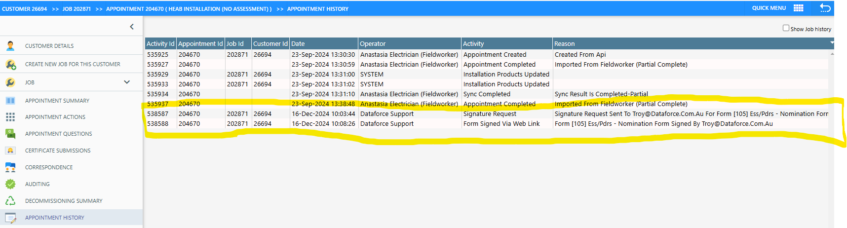 Appointment History Log